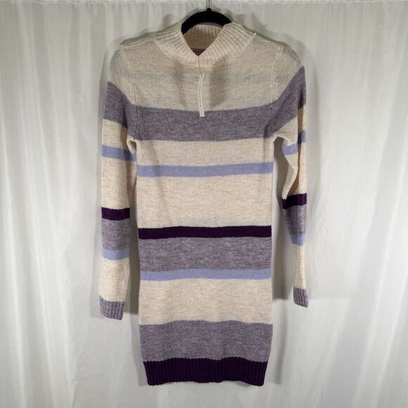 New Mi ami by Francesca's Sweater Dress Women's XS White Purple Striped Knit - Picture 1 of 12